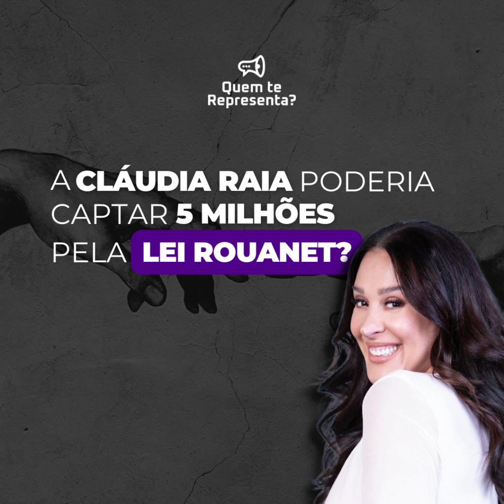 Imagem cinza ao fundo, recorte da atriz Claúdia Raia a frente e título "A Claudia Raia poderia captar 5 milhões pela Lei Rouanet?"