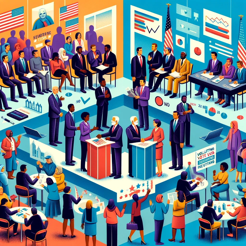 An illustration for a blog post about effective political strategies. The image should depict a diverse group of political leaders from different ethnic backgrounds (Caucasian, Hispanic, Black, Middle-Eastern, South Asian) engaged in various activities: forming coalitions, communicating with the public, mobilizing voters, negotiating, and participating in debates. The setting is a mix of an office environment and public spaces, symbolizing both policy-making and public engagement. The leaders ar