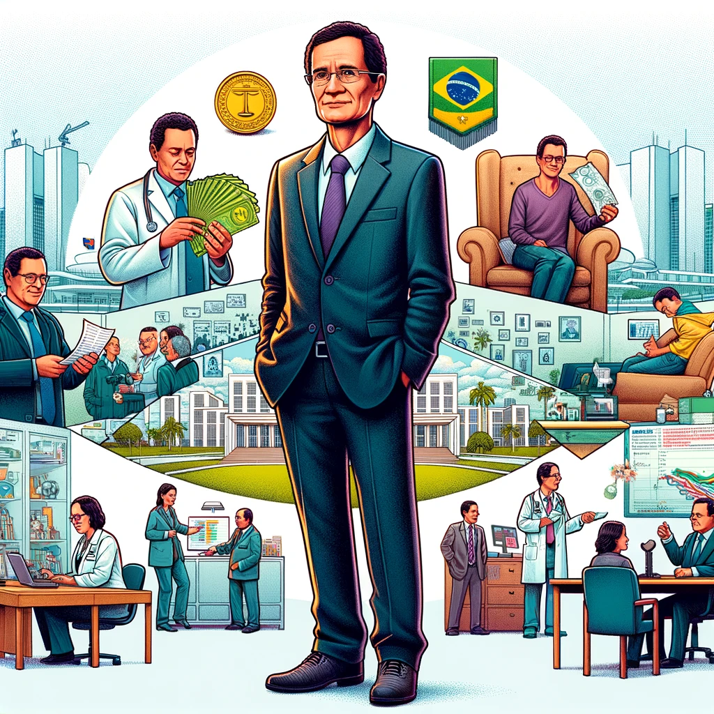 An illustration showing various aspects of a politician's life. The central figure is a Brazilian federal deputy, a middle-aged South Asian man in a suit, standing confidently in the center. Surrounding him are smaller scenes: in one, he's receiving a paycheck, symbolizing his salary. Another scene shows him in a furnished apartment, representing his housing allowance. A third scene depicts him in a hospital room with a doctor, symbolizing health benefits. The fourth scene shows him in his office, surrounded by staff, indicating the office budget. In the background, there's a faint outline of the Brazilian Congress, symbolizing the political setting. The artwork should be detailed and colorful, capturing the complexity and range of benefits associated with being a federal deputy in Brazil.