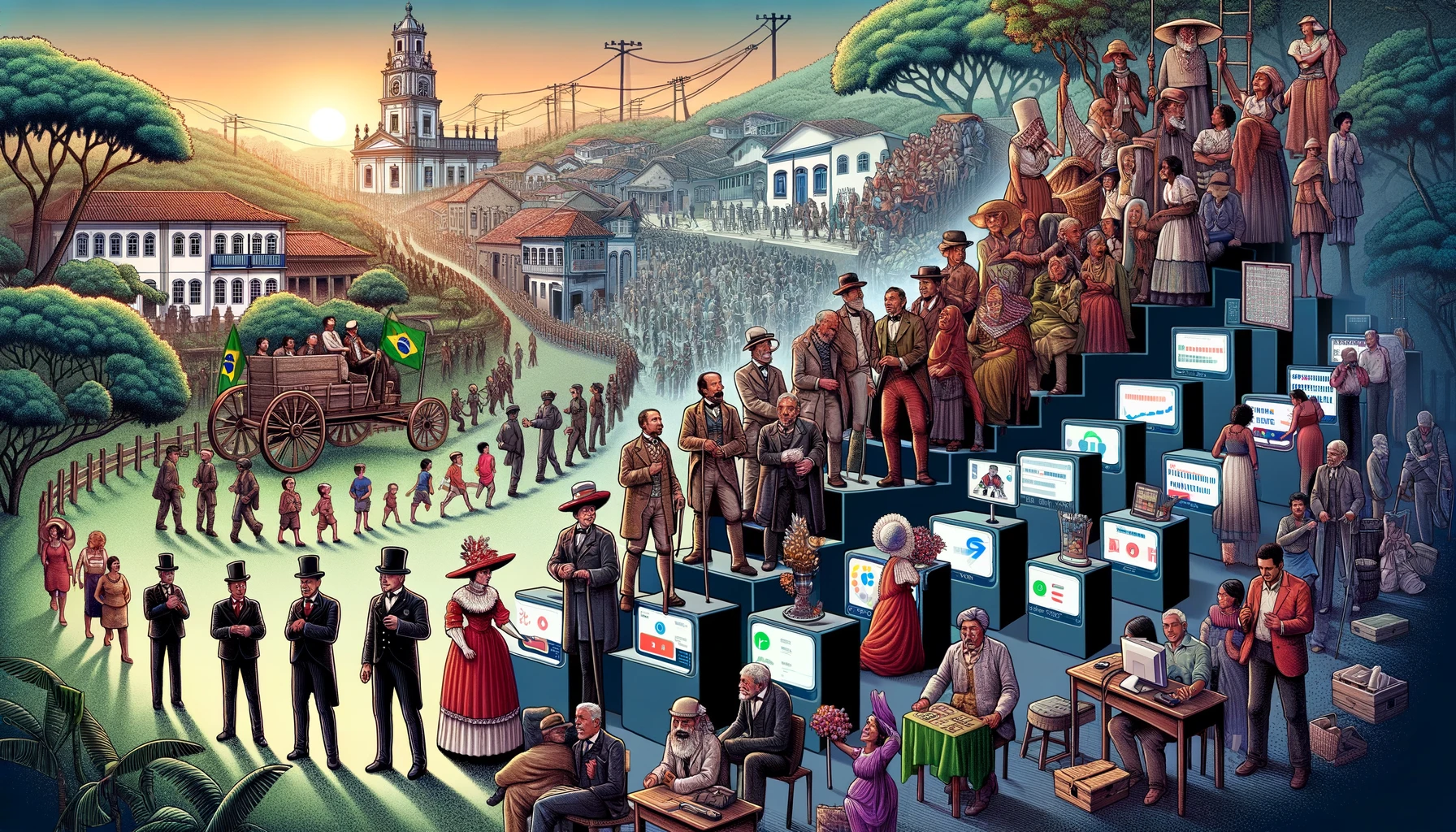 A timeline visual that represents the evolution of elections in Brazil from the colonial era to modern democracy. The image starts on the left with a depiction of the colonial period, showing a small group of elite landowners and merchants discussing politics in a colonial Brazilian setting. The timeline then progresses through different eras: the Proclamation of the Republic in 1889 with citizens voting in a more organized setting, the women's suffrage movement in the 1930s, the military regime period with a depiction of restricted political activity and military figures, the transition to democracy in the 1980s with people celebrating the return of democratic elections, and finally the modern era with a diverse group of Brazilians using electronic voting machines and engaging in debates on social media platforms. The background should subtly change to reflect the changing times and technology, illustrating the journey from a centralized, oligarchic system to a vibrant, inclusive democracy.