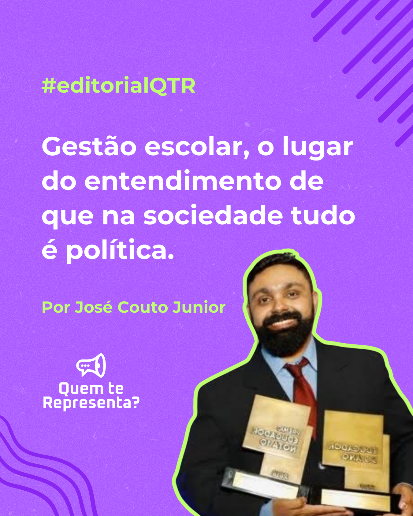 Gestão escolar: na sociedade tudo é política - Capa com a foto de José couto, fundo roxo e letras brancas.