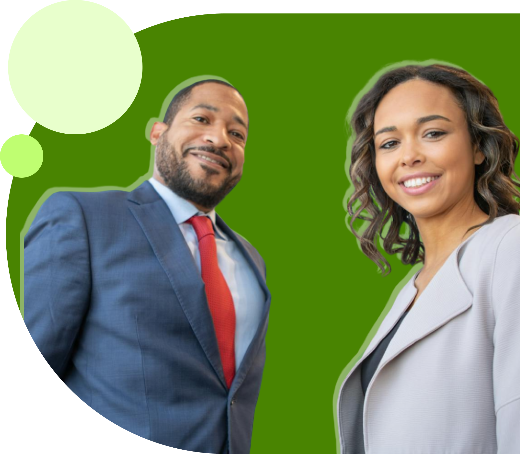 Quem te Representa? - Imagem com fundo verde e um homem e uma mulher com roupa social sorrindo para a câmera
